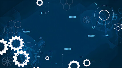 Fototapeta premium Abstract digital technology background with interconnected gears, futuristic hexagons, and circuit patterns, symbolizing innovation, engineering, and advanced data connectivity
