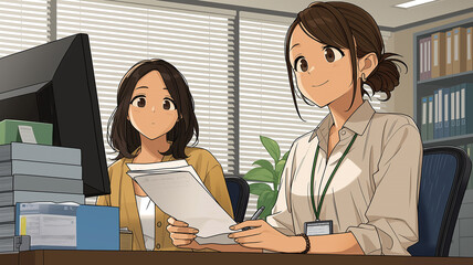 パソコンで作業する女性社員と打ち合わせを行う同僚を描いたオフィス風景イラスト、デスクワーク、事務職、ビジネス会話、社内業務を表現、企業紹介、研修資料、広告バナー、動画背景に使える実務イメージ素材
