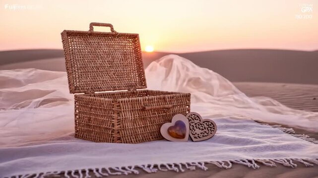A charming picnic basket and heart decorations sit on a cozy blanket in the desert. The sun sets beautifully, casting a warm, romantic glow over the serene landscape.