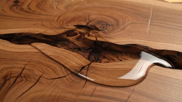 Clear epoxy resin is poured onto a beautiful wooden surface. It fills natural cracks, creating a stunning river table design.