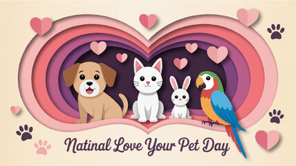 Naklejka premium Heartfelt scene of dog cat rabbit and parrot celebrating national love your pet day with colorful hearts