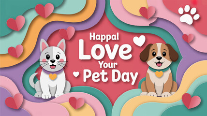 Obraz premium Happy love your pet day cartoon cat and dog on colorful background with hearts