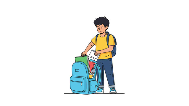 Diligent schoolboy carefully packing his blue backpack with books and supplies for his education in a clean and simple vector illustration.