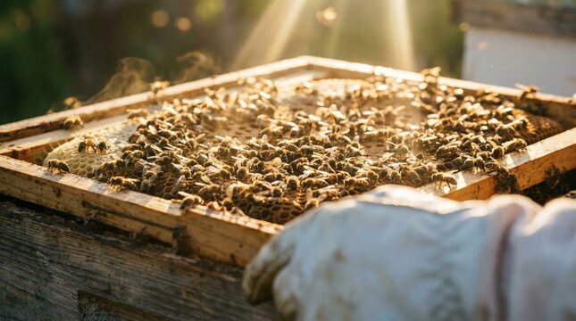 Beekeeper working with a wooden frame from a langstroth beehive, revealing hundreds of honey bees bustling around hexagonal cells under golden sunlight