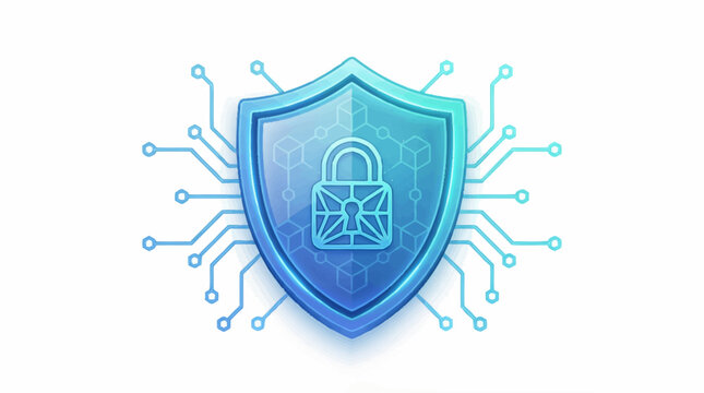 Digital shield with lock icon representing cybersecurity and data protection.