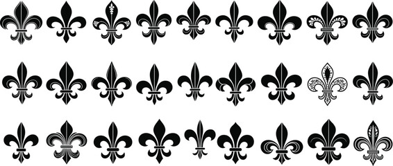 Fleur de lis silhouette set, heraldic French lily symbol collection, decorative royal emblem icons isolated on white background for vintage design ©  BAKKOR