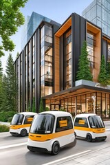 Obraz premium Autonomous electric delivery robots driving through a modern urban street in front of glass office building