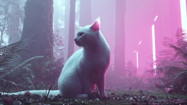 White Cat in a Neon-Lit Forest