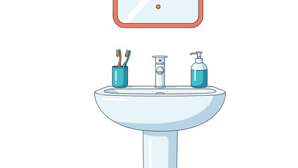 Simple bathroom sink setup with two toothbrushes in a holder, a soap dispenser, and a mirror reflecting a clean and organized daily routine.