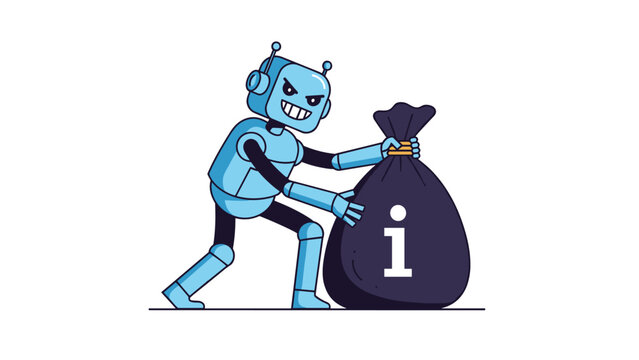 Robot thief stealing a heavy black bag marked with an information icon symbol, representing data breach and cyber security threats.