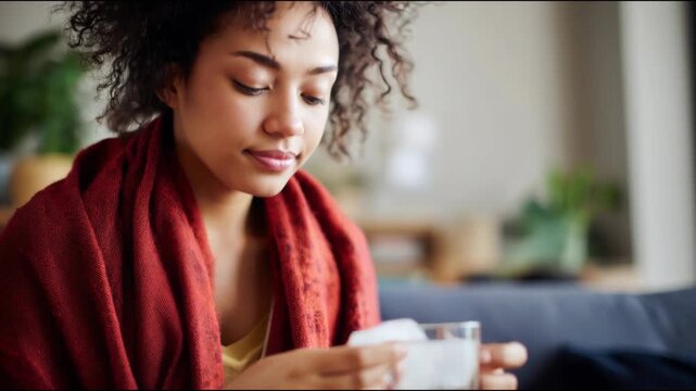 Ill young woman with a cold and flu, covered in a blanket, sneezing into a tissue at home