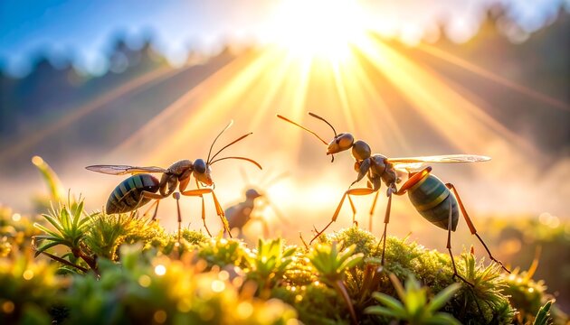 Close-up of two ants in a sunlit forest, surrounded by green moss and vibrant beams of sunlight filtering through the trees