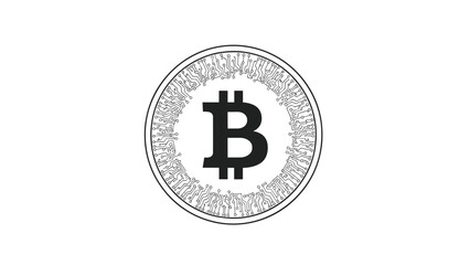Obraz premium Simple black and white illustration of a bitcoin coin with a circuit board pattern rim, representing cryptocurrency and digital finance.