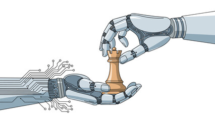Two robotic arms with detailed circuit patterns playing a game of chess with a queen piece, representing artificial intelligence and logic.