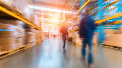 Workers move quickly through a busy warehouse with boxes stacked high