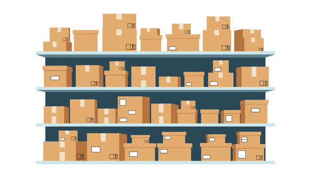 Large warehouse storage shelves filled with various brown cardboard boxes, representing logistics, inventory, and supply chain management.