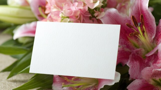 Blank card placed among pink flowers and green leaves for messages