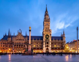 Obraz premium A majestic European city square at dusk with a large ornate building