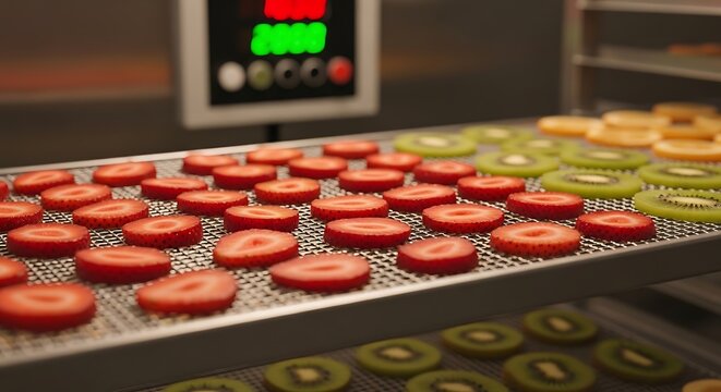 Slices of fresh strawberry and kiwi drying on metal mesh trays in a professional food dehydrator machine.