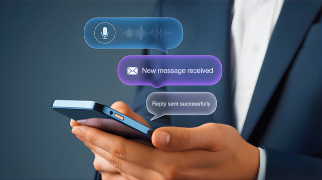Business professional uses smartphone with virtual messages and voice commands for seamless digital communication and efficient modern interaction