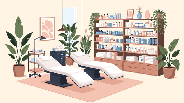 Modern professional beauty salon interior features comfortable white treatment beds and wooden shelves stocked with skincare products.