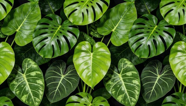 Lush Tropical Foliage Seamless Pattern Wallpaper 4K with Monstera Philodendron Taro Homalomena Leaves
