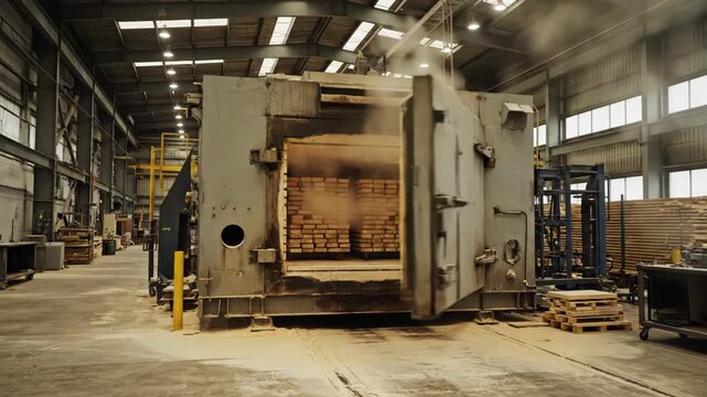 A large industrial kiln releases steam in a factory. Its massive door opens, revealing stacks of treated wood.