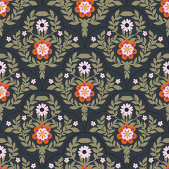 Scalloped Folk Floral Damask Textile Art