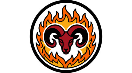 Vibrant graphic emblem featuring a powerful ram's head encircled by fiery, dynamic flames with bold contrast