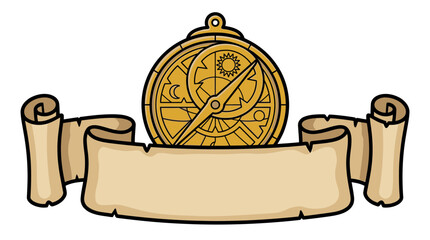 Golden Astrolabe with Celestial Symbols on Ancient Parchment Scroll for Vintage Exploration Design