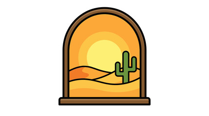 Graphic icon of a radiant desert scene observed through an elegant archway, showcasing sun and cactus silhouette
