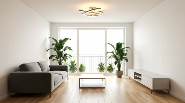 Watch an empty room transform into a stylish living space. Modern furniture and plants create a cozy home.