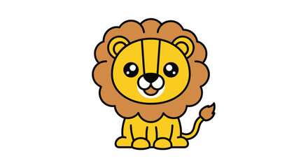 A cute cartoon illustration of a baby lion with a fluffy brown mane and big adorable eyes, sitting on a white background, perfect for children's designs. © Ira Project