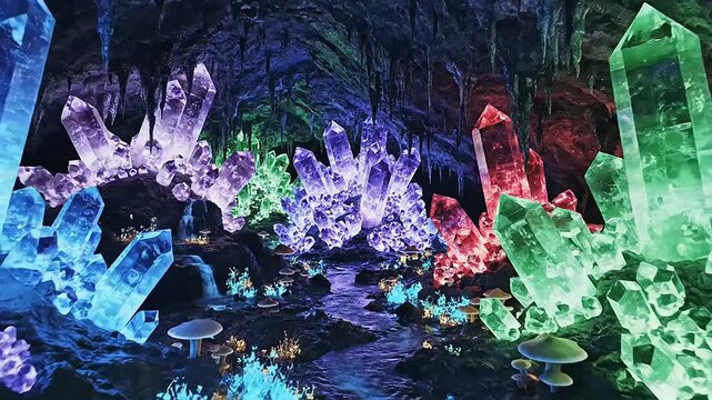 A breathtaking subterranean crystal cave filled with vibrant, glowing gemstones and formations, illuminated by natural luminescence.