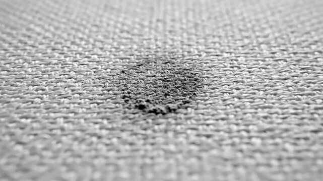 Close-up macro view of a dark stain on a light gray woven fabric textile surface