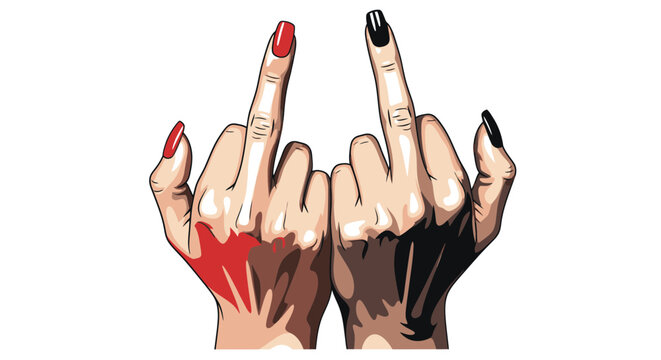 Two Hands Giving Middle Finger, Red and Black Nails, Vector Illustration