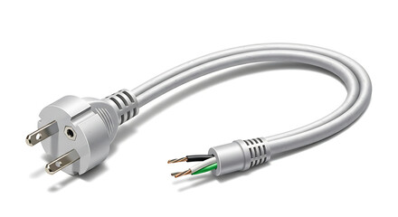 White electrical power plug with green and red wires cutout isolated on transparent background