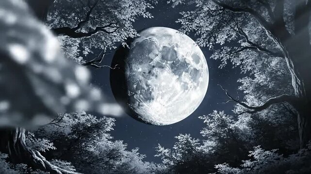 Mystical Full Moon Through Silhouetted Tree Branches and Leaves in Dark Forest