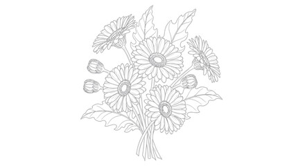 Fototapeta premium Outline drawing of a bouquet of daisies and buds, line art floral illustration