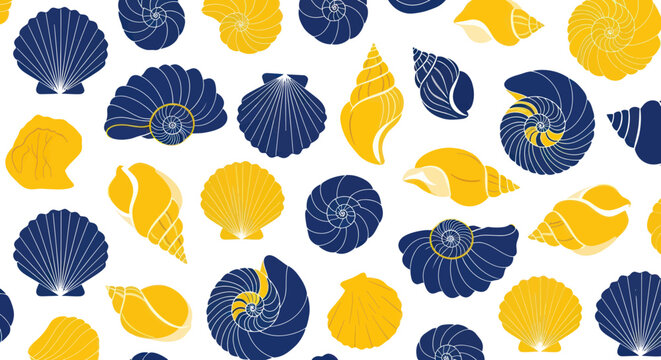 Seamless Pattern of Blue and Yellow Seashells on White Background