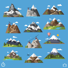 Stylized mountain illustrations with people and transport © Haro