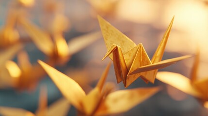 Fototapeta premium Golden origami cranes flying in sunlight above the ground
