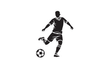 Fototapeta premium Black silhouette vector illustration of a football player kicking a soccer ball. Minimal monochrome sports design isolated on white background. Ideal for sports branding, tournament posters, team logo