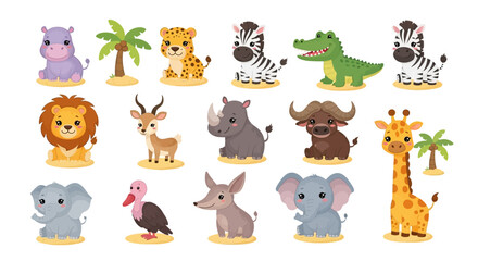 Fototapeta premium Collection of cartoon wild animals and plants on white background.