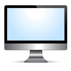 Sleek black monitor with a light blue screen, on a silver stand