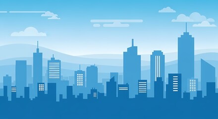 Modern city skyline with skyscrapers and clear blue sky.