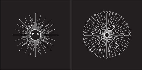 Two futuristic vector designs on a black background: a complex white node network radiating from a central sphere and a symmetrical, circular array of thin lines with terminal circles. © Muhammad