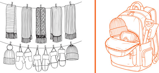 Hand-drawn vector sketches featuring a variety of cozy winter accessories drying on a clothesline and a fully packed orange mountain backpack. Perfect for winter travel and outdoor adventure themes. © Muhammad