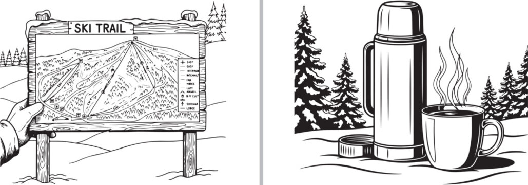 Winter hiking and trail navigation: a detailed black and white sketch of snow-covered pine trees and an orange line art illustration of a ski trail map board. Clean, rustic vector graphics.