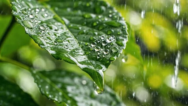 Close-up of vibrant green leaves covered in fresh raindrops during a gentle